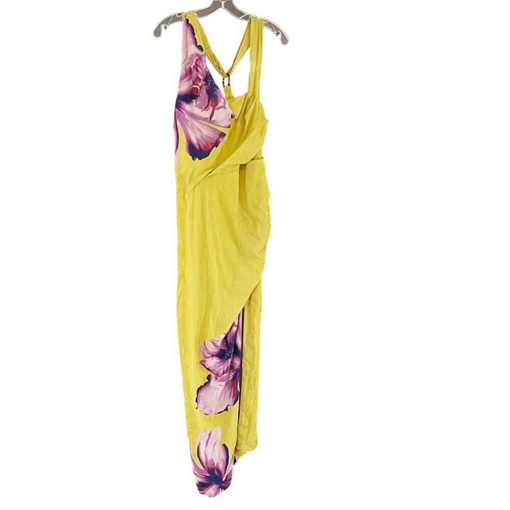 Anthropologie Yellow Floral Linen Maxi Dress Slit Hem Cut Out Tropical MEDIUM